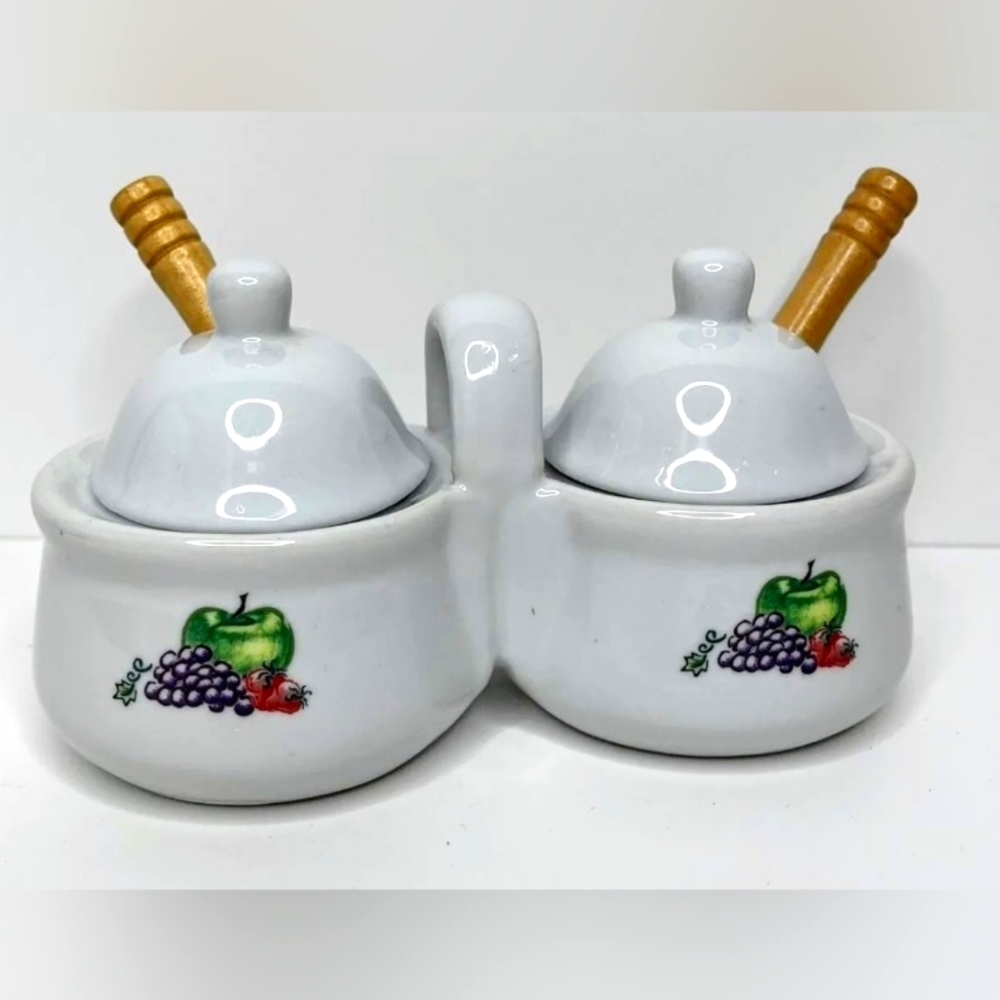 Houston Harvest Ceramic Double Jam Jelly Condiment Serving Set Fruit Design